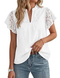 lot 8171 image: GRACE KARIN Womens Lace Short Sleeve Tops Summer Dressy Casual Cotton Blouses Flowy V Neck Dress Shirts Trendy Clothing 2026, White, Large