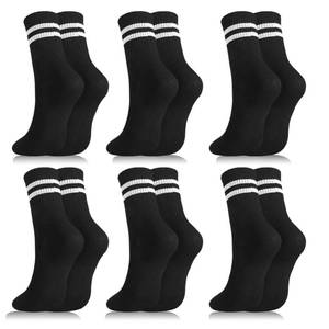 lot 8176 image: Fingertip WD Womens White Crew Socks 6 Pair Striped Trim Casual Crew Socks Mid Calf Ankle Socks Vintage Retro Gym Running Socks, Black