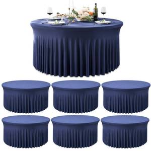 lot 8179 image: Outpain 6 Pack 72In6FT Navy Blue Spandex Round Tablecloths, Stretchy 132inch Fitted 6FT Round Table Cloths, Wrinkle Free Table Cover with Skirt for Wedding Party Dining Banquet