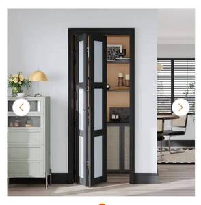 lot 4020 image: 28 in. x 80 in. 3-Lite Frosted Glass Black Finished Solid Core MDF Bi-fold Door with Hardware Kit