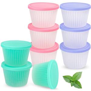 lot 8246 image: Koluti 4oz Silicone Jello Shot Cups with Lids, Small Clear Portion Souffle Pudding Dessert Cup Set of 9, Airtight and Stackable Condiment Dipping Sauce Food Storage Container, Dishwasher Safe