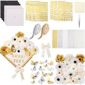 lot 8258 image: Wavwavw 63 Pcs DIY Graduation Cap Decorations Kit Include Faux Flowers 3D Butterfly Bow Self Adhesive Rhinestones and Alphabet Letter Stickers for 2026 Grad Cap Topper Decor Graduation Party(White)