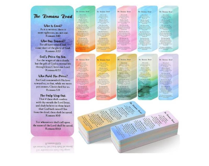 lot 37276 image: 100 Pcs Romans Road to Salvation Bookmarks 6 x 2 Gospel Tracks Religious Bookmarks Bulk Watercolor Christian Tracts Romans Road Scripture Gift for Church Pastor Men Women - Retail $20