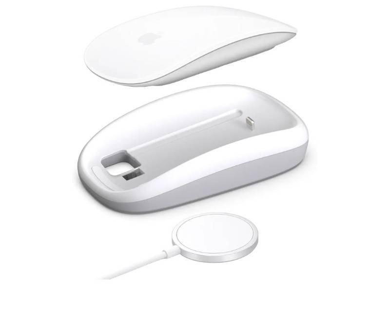 lot 37382 image: Magic Mouses Charger Base Wireless Charging Dock for Apple Magic Mouse 2 (Lightning), Ergonomic Wand Apple Mouse Grip with MagSafe Charging Support (White),Charger and Mouse not Included - Retail $25