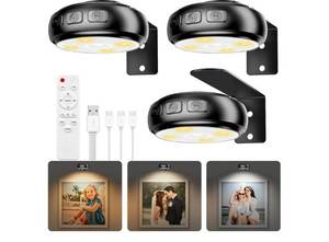 lot 37611 image: 3 Pack Picture Light for Wall with 1200mAh Rechargeable Battery Operated Lights Remote Dimmable Timer Painting Light Magnetic 3 Adjustable Lighting RGB Modes Wall Decor Lights for Living Room (Black) - Retail $13