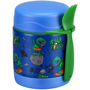 lot 37626 image: 10oz Soup Thermo for Hot Food Kids Insulated Food Jar,Thermo Hot Food Lunch Container, Width Mouth Stainless Steel Lunch Box for Kids with Spoon (Blue-dinosaur) - Retail $10