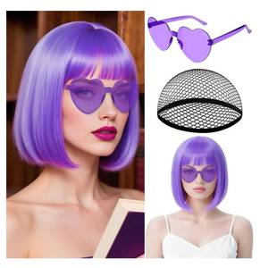 lot 37640 image: Light Purple Short Bob Wigs Straight Hair with Flat Bangs for Women, Colorful Funny Cosplay Daily Party Neon Wig Synthetic Natural As Real Hair Carnival Halloween Costume (Glasses are Not Included) - Retail $10