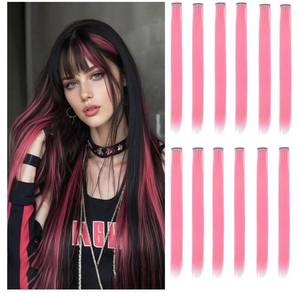 lot 37658 image: 12 Pcs Pink hair extensions 22 Inch Straight colored hair colorful clip in extensions Highlight Party for Girls and Women Gift(Pink,26) - Retail $5