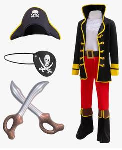 lot 37666 image: Pirate Costume for Kids Cosplay Pirate Role Play Dress Up Halloween Costume Hat Belt Eyes patch Inflatable Sword - Retail $8