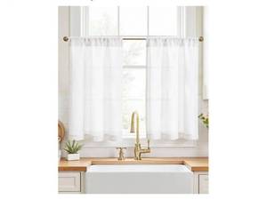 lot 37669 image: Linen Tier Curtains Kitchen Curtains 36 Inch Farmhouse Cafe Style Country Rustic Rod Pocket Light Filtering for Laundry Room Bathroom Sink RV Small Window 2 Panels White - Retail $18