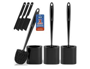 lot 37675 image: Toilet Brush, 3 Pack Toilet Brush and Holder Set Bathroom Accessories, Toilet Bowl Brush and Holder with 3 Crevice Brush for Bathroom, Toilet Scrubber Brush (Black) - Retail $14