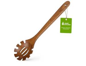 lot 37683 image: Teak Wooden Pasta Fork with Teech, 12.8 Slotted Noodle Server, Heat-Resistant Nonstick-Safe Kitchen Utensil for Stirring & Serving - Retail $10