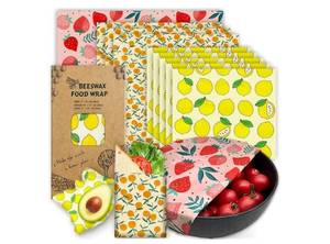 lot 37698 image: Reusable Beeswax Wrap - 9 Pack Eco-Friendly Beeswax Wraps For Food, Organic, Sustainable, Biodegradable, Zero Waste, Plastic-Free Food Storage, 1L Strawberry, 3M Orange, 5S Lemon Patterns - Retail $14