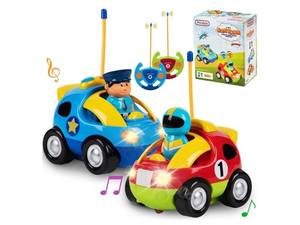 lot 37710 image: 1 Pack Cartoon Remote Control Cars for Toddlers - Police Car and Race Car with Steering Wheel Controllers and Lights - Different Frequencies Racing Together - Easter Toddler Gift 18 Months (only 1 car included) - Retail $30