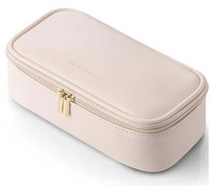 lot 37728 image: Makeup Travel Bag, Small Makeup Bag for Women, Gifts for Women Girls, Makeup Pouch Purse Travel Essentials Toiletries-Apricot Pink (The Interior has Some Stains, see pictures for refernce) - Retail $21