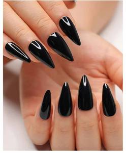 lot 37742 image: 24Pcs Black Press on Nails Stiletto Fake Nails Medium Length Almond False Nails Tips Long Acrylic Glossy Stick on Nail Solid Color Full Cover Fingernails Manicure for Women (Black) - Retail $8