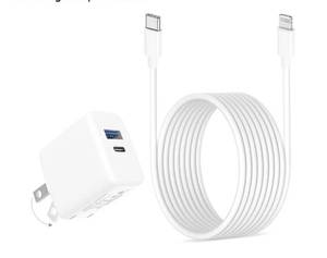 lot 37757 image: 20W Dual Port Fast Charger for iPad 9th 8th 7th 6th 5th Generation 10.2 inch, iPad Air 32, iPad mini 543, Foldable Wall Charger with 6.6ft USB-C to Lightning Fast Charging Cable - Retail $14