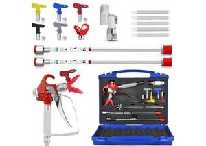 lot 37767 image: Airless Paint Sprayer Gun Set with 3600 PSI Airless Paint Sprayer Gun,1 Nozzle Guard,5 Reversible Spray Tips,2 Extension Wand,1 Swivel Joint,5 Filters. Case Has One Damaged Lock. - Retail $56