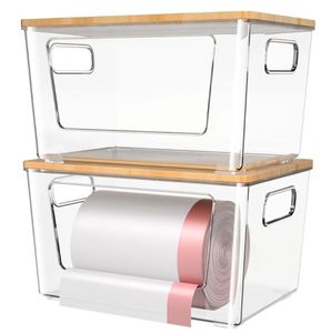 lot 37771 image: 2 Pack Trash Bag Holder with Bamboo Lid, Stackable Trash Bag Dispenser, Extra Large Garbage Bag Holder for Kitchen Laundry Room Under Sink Organization and Storage - Retail $30