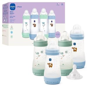 lot 37778 image: 9oz Easy Start Anti-Colic Wide Neck Baby Bottle, Medium Flow Breastfeeding-Like Nipple, Reduces Colic Gas & Reflux, Easy To Clean, BPA Free, 2 Months, Made In Europe, Bonus Fast Flow Nipple, Boy - Retail $26