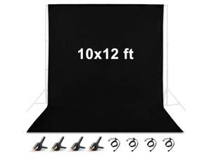 lot 37782 image: 10 x 12 ft Black Backdrop, Polyester Fabric Chromakey Background for Photography, Video, Studio and Television with 4 Backdrop Clips and 4 Spring Clamps - Retail $33