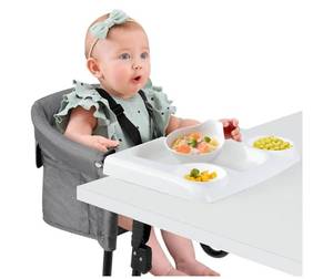 lot 37788 image: Hook on High Chairs, Secure Clip on High Chair for Baby, Compact Fold-Flat for Easy Storage, Fast Table Chair with Baby Seat, Portable Highchair Attaches to Table for Travel, Grey, with Tray - Retail $60