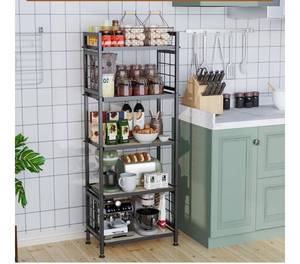 lot 37789 image: 5-Tier Pantry Shelves with Wooden Boards, Heavy Duty Storage Shelves & Book Shelf, Adjustable Metal Shelving Unit for Kitchen Bathroom Laundry Organizer, Sturdy Rust-Resistant, Black - Retail $38