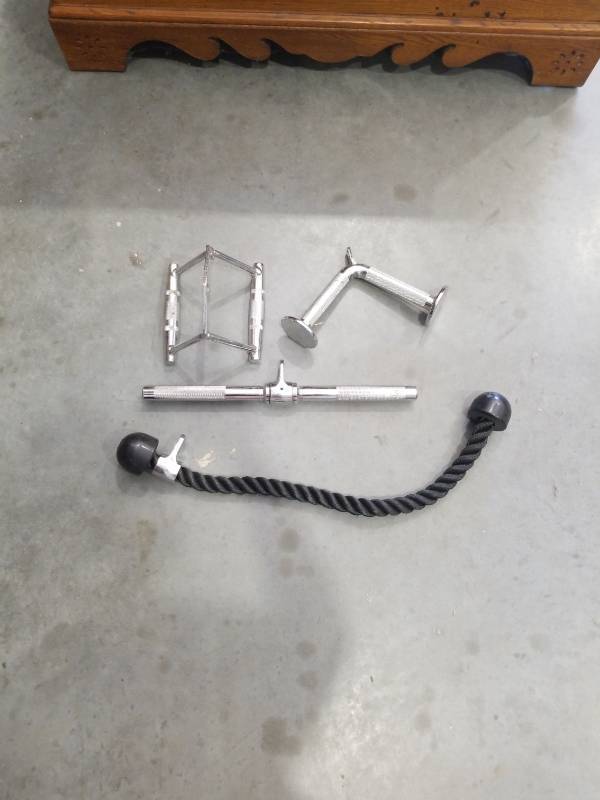 lot 3572 image: Chrome Cable Machine Attachment Set with Rope and Bar Handles