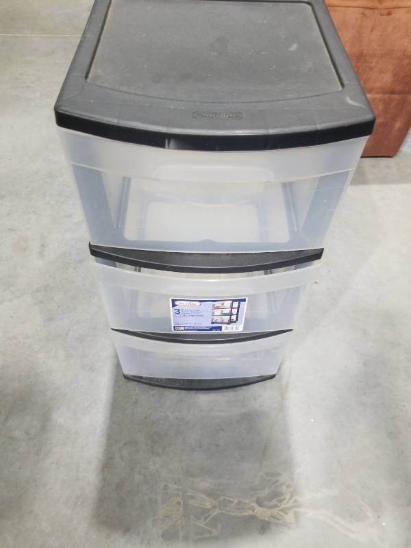 lot 3605 image: Sterilite Storage Drawer  3 Drawer Slim Plastic Storage Cart with Clear Pull Out Drawers  Black