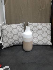 lot 1459 image: Gray Medallion Throw Pillows Set of 2 and Ceramic Bottle Vase