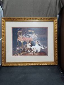 lot 1475 image: Leon Huber Playful Kittens Framed Print with Gold Ornate Frame