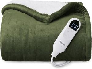lot 7064 image: $47 Bedsure Heated Blanket Throw with Preheat, 6-Setting, 50x60 Olive