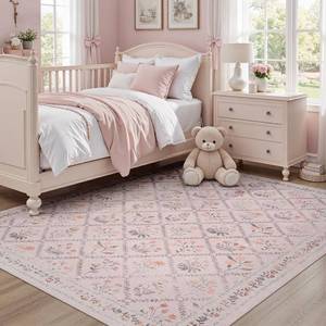 lot 7065 image: DCX 5x7 Pink Floral Rug, Non Slip Low Pile, Kid & Pet Friendly