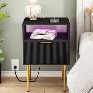 lot 7118 image: $63 Nightstand with Charging Station and LED Lights, Black with Drawer