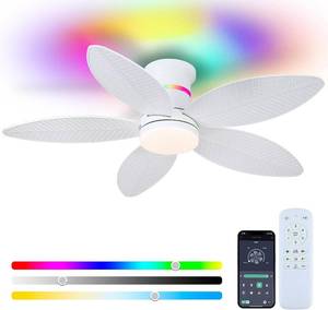 lot 7131 image: $60 Palm Leaf RGB Ceiling Fan with Light, 46 Flush Mount, Remote