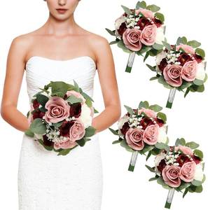 lot 7228 image: $57 Bridesmaid Bouquets, 11 Artificial Flowers, Dusty Pink & Burgundy