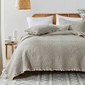 lot 7238 image: $57 HORIMOTE HOME Beige Ruffled Quilt Queen, 3 Piece Bedding Set