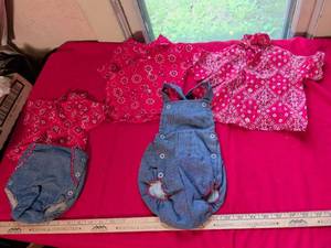 lot 16 image: Red Bandana Print Baby Clothing Set with Denim Overalls