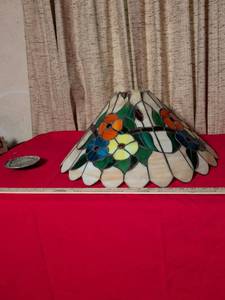 lot 28 image: Tiffany Style Stained Glass Floral Lamp Shade (does need some repair)