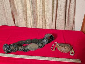 lot 41 image: Traditional Metal Concho Belt and Leather Purse Set