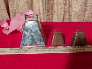 lot 43 image: Set of Three Cow Bells - Large Steel and Small Copper Bells