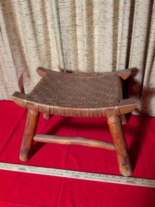 lot 50 image: Handwoven Leather Strap Folding Wooden Stool