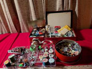 lot 75 image: Large Sewing Notions Collection with Storage Tins and Organizer