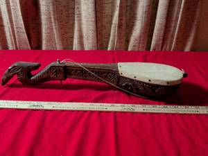 lot 96 image: Hand-Carved Wooden Sarangi Folk String Instrument with Animal Head