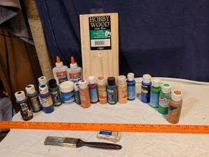 lot 218 image: Craft Supply Lot - Acrylic Paints, Glue, Wood Board, Brush & Eraser