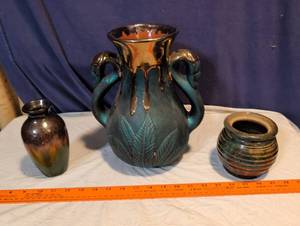 lot 219 image: Set of 3 Hand-Thrown Studio Pottery Pieces - Large Teal Multi-Handle Vase, Small Bud Vase, and Ribbed Stoneware Jar