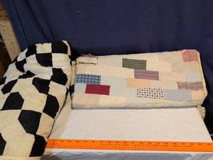 lot 227 image: Handmade Patchwork Quilt Lot - Black & White Checker and Multi-Color Fabric Quilt does need some repair Or you can just tell theres theres Worn areas. Come to preview to see exactly how it is.