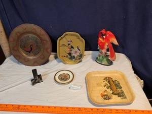 lot 228 image: Asian Decor Collection with Brass Peacock Plate, Cardinal Figurine, and Decorative Trays