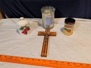 lot 231 image: Home Decor Lot - Wood Crucifix, Scented Candles & Cherry Ceramic Jar