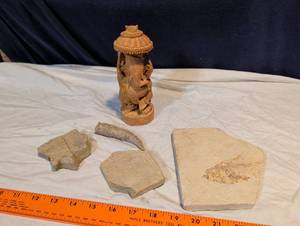 lot 236 image: Fish Fossil Specimen on Limestone Matrix with Fossil Lot and Hand Carved Ganesha Figurine